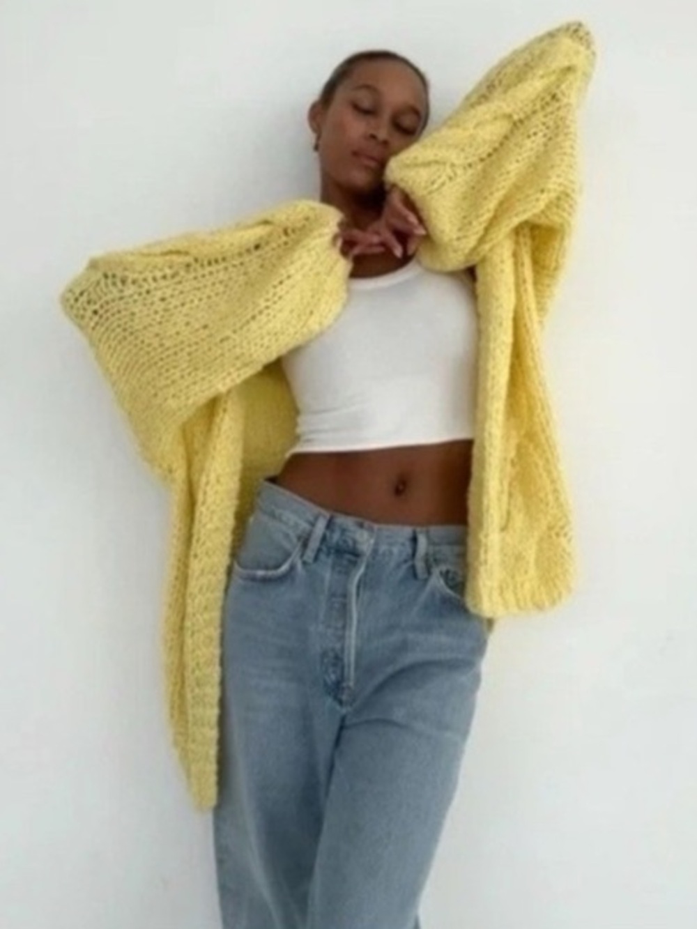 Rumored Aspen Chunky Cable Open Knit Cardigan Sweater Size S M Yellow Jumper